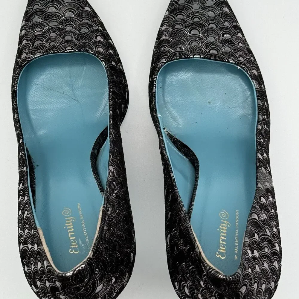 Valentina Rangoni Vintage Black Metallic Pumps 7.5M Pointed Toe Made Italy